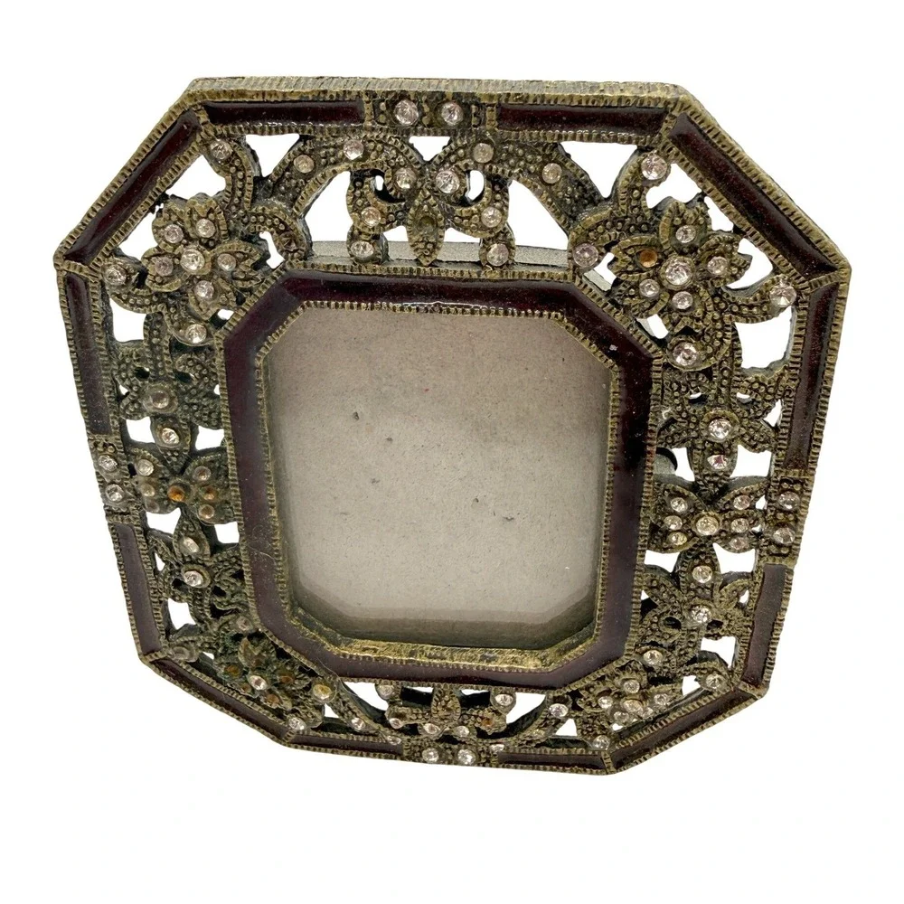 Vintage Style Octagon Filigree Rhinestone Enamel Miniature‎ Picture Frame Brass